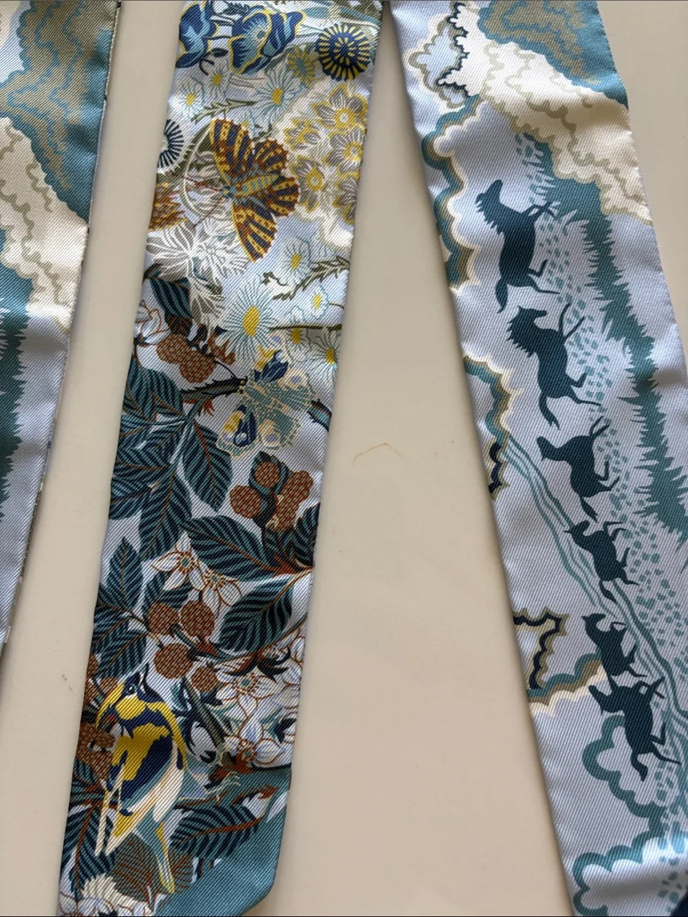 Hermes Blue, Gold & Teal Silk Twilly Scarf Pair
